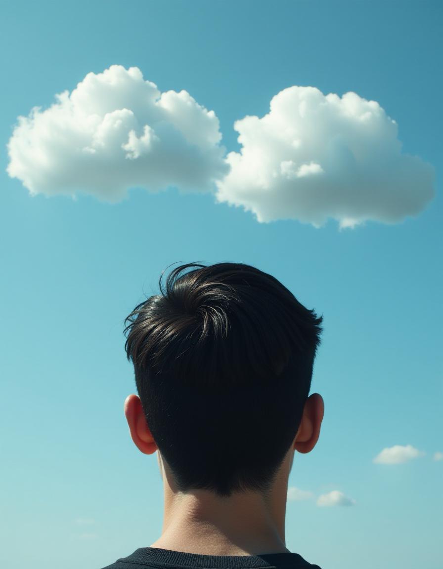 back of man's head looking at 2 clouds in the sky