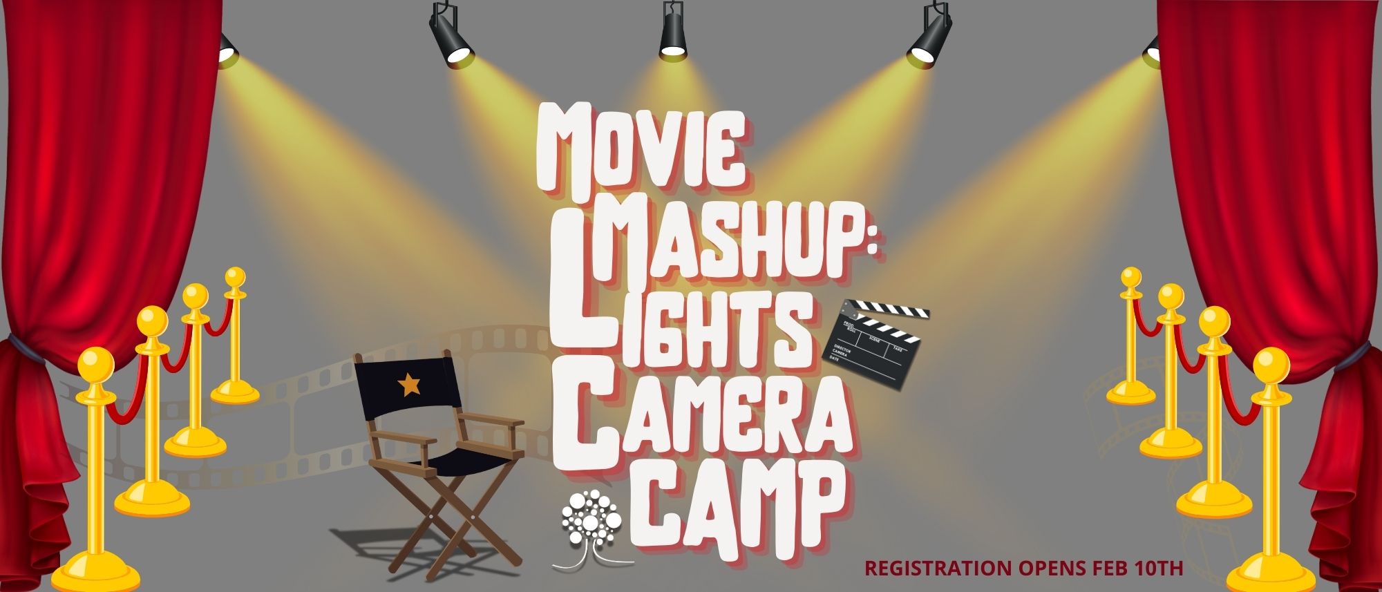 Banner image with lights, cameras, and other hollywood things that says Movie Mashup, Lights, Camera, Camp